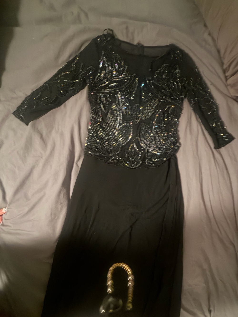 Pisarro Nights Black Long-Sleeve Beaded Evening Dress
